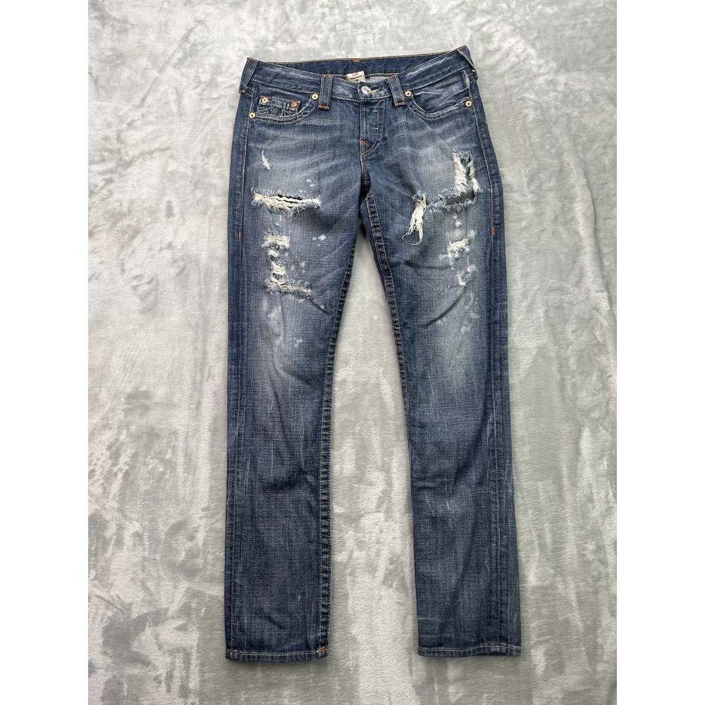 True Religion Brianna Straight Leg Jeans Womens Sz 29 Blue Distressed Button Fly